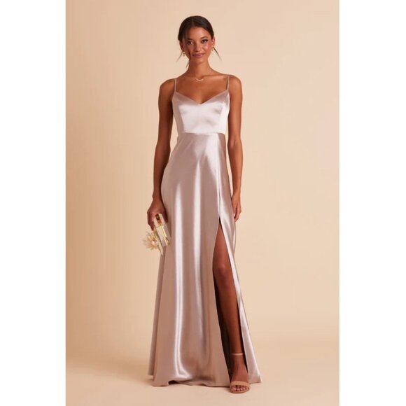 Birdy Grey Jay Strappy Tank Satin Dress Sz XS Taupe  SEE NOTES Front Slit Spaghe - Picture 1 of 16
